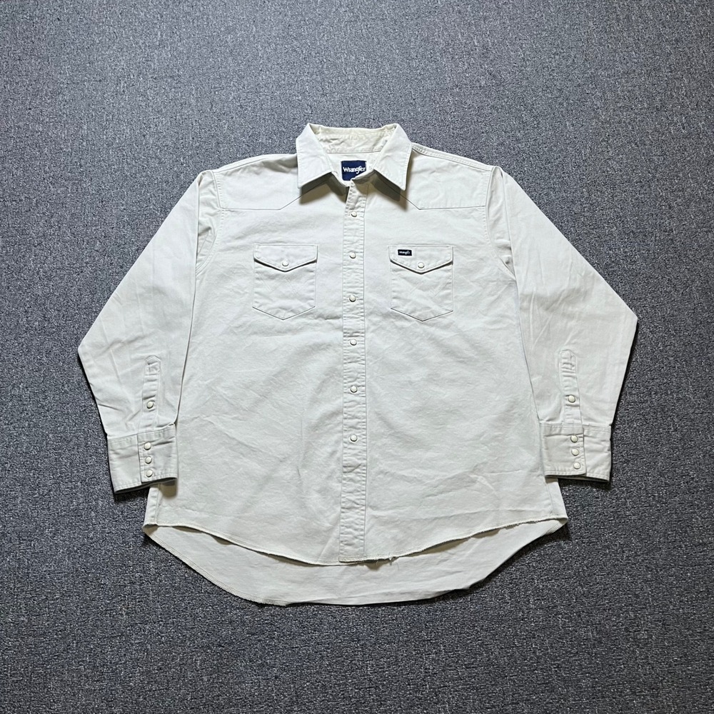Vintage Wrangler Pearl Snap Western Shirt Beige Twill Long Sleeve 90s